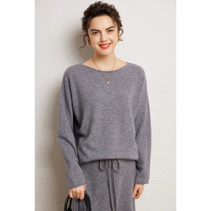 Autumn Winter 100% Cashmere Sweater Luxury Women's  Pullover Skirt Two Pieces Set