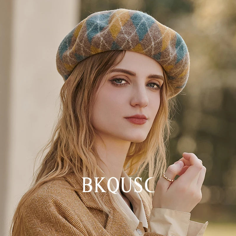 Elegant Pure Wool Vintage Beret Woman Luxury Hats Winter Caps