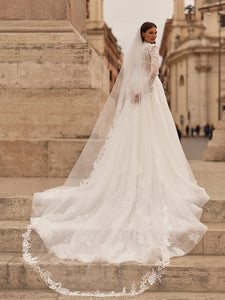 Glitter A-line Long Wedding Dress Modest High Collar Bride Robe Graceful Appliques Flower Bridal Gown Customized Robe De Mariée