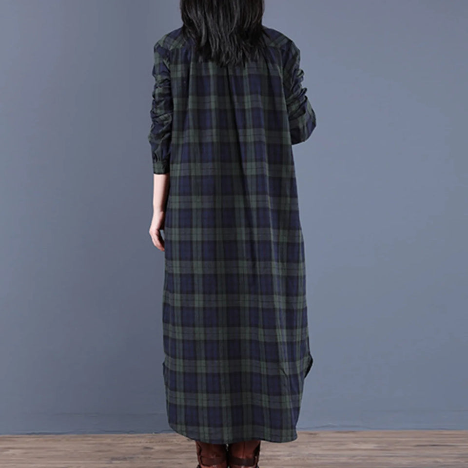 Women Autumn Checked Shirt Dress Lapel Long Sleeves