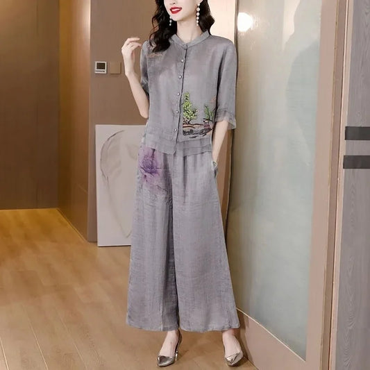 Grey Summer Art Embroidery Wide Leg Pants Casual Fashion