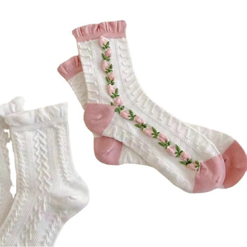 5 Pairs Cute Socks with Flowers Women Lace White Short Socks