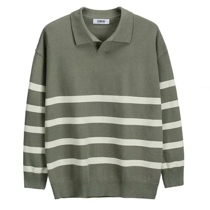 Autumn Simple Lapel Striped Sweater For Men Casual Vintage Korean Fashion