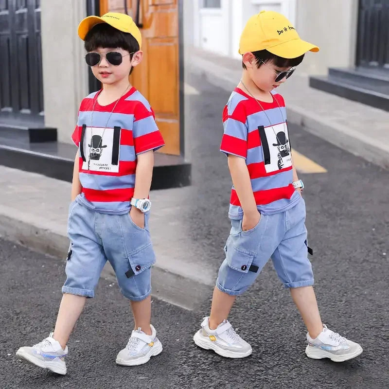 Kids Clothes Stripe Cotton T-shirt+Jeans Pant Boy Sets Infant Newborn Clothing