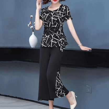 Temperament Simple Women Summer Chiffon Top Short Sleeve Two Piece Patchwork Print Casual High Waist Wide Leg Pants Fashion Set