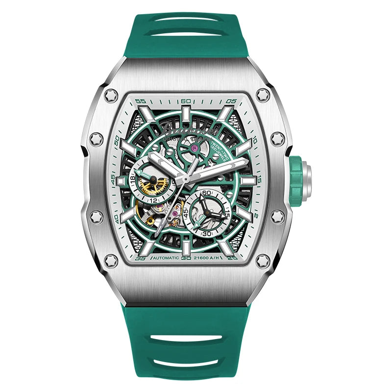 BRUBOSES-Men's Mechanical Watch with Sapphire Crystal, 316L Stainless Steel Case, Tonneau Watch, Casual Fashion