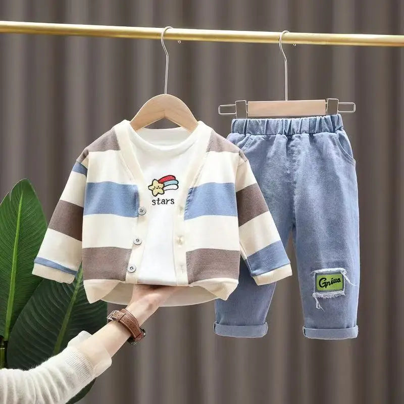 Fashion Children Boy Clothing Outfits Set High Quality Striped Coat + T Shirt + Jeans Pants 3PCS Boys Kids Clothes 1 2 3 4 Years