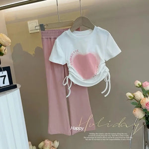 Girls Sweet Suit Teenager  New Love Printed Short-sleeved + Casual Wide-leg Pants Two-piece