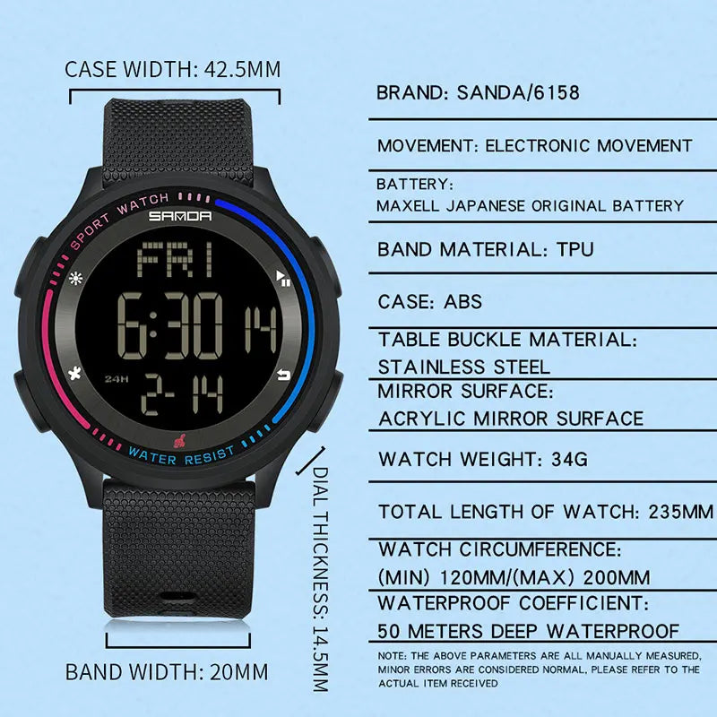 Fashion Digital Movement Teenager Students Hand Clock Trendy Water Resistant Outdoor