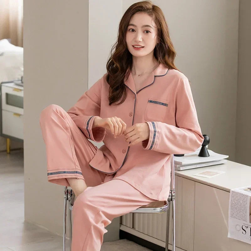 2025 Spring Couple Long Sleeve 100% Cotton Pajama Sets for Men Korean Loose Sleepwear Suit Pyjamas Women Homewear Home Clothes