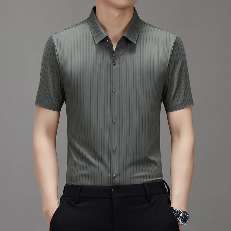 New Men's Shirt Luxury Designer Brand Ice Silk Breathable Business Casual Striped