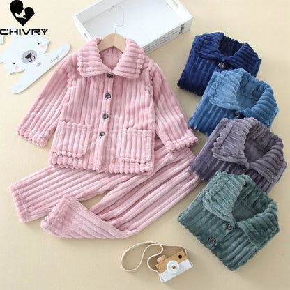 Kids Boys Girls Autumn Winter Thick Warm Soft Flannel Pajama Sets Solid Lapel Tops with Pants Sleeping Clothing Sets