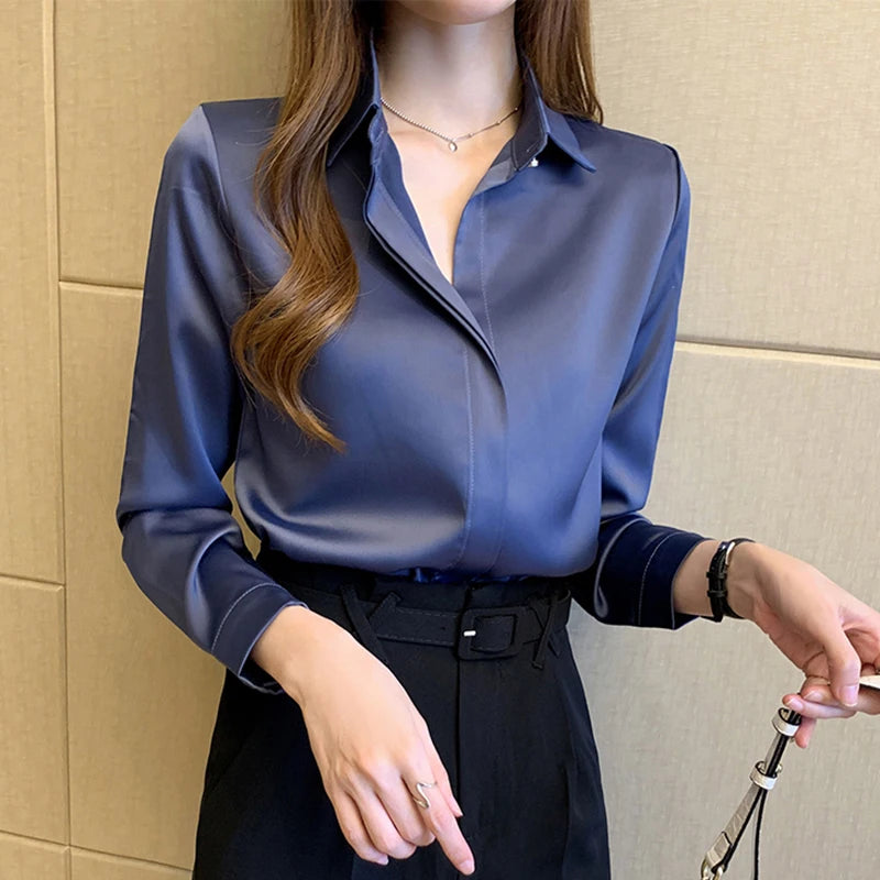 Satin Women Shirt Vintage Long Sleeve Blouse Women Silk Elegant Womens Tops  Shirt Autumn Female Clothing