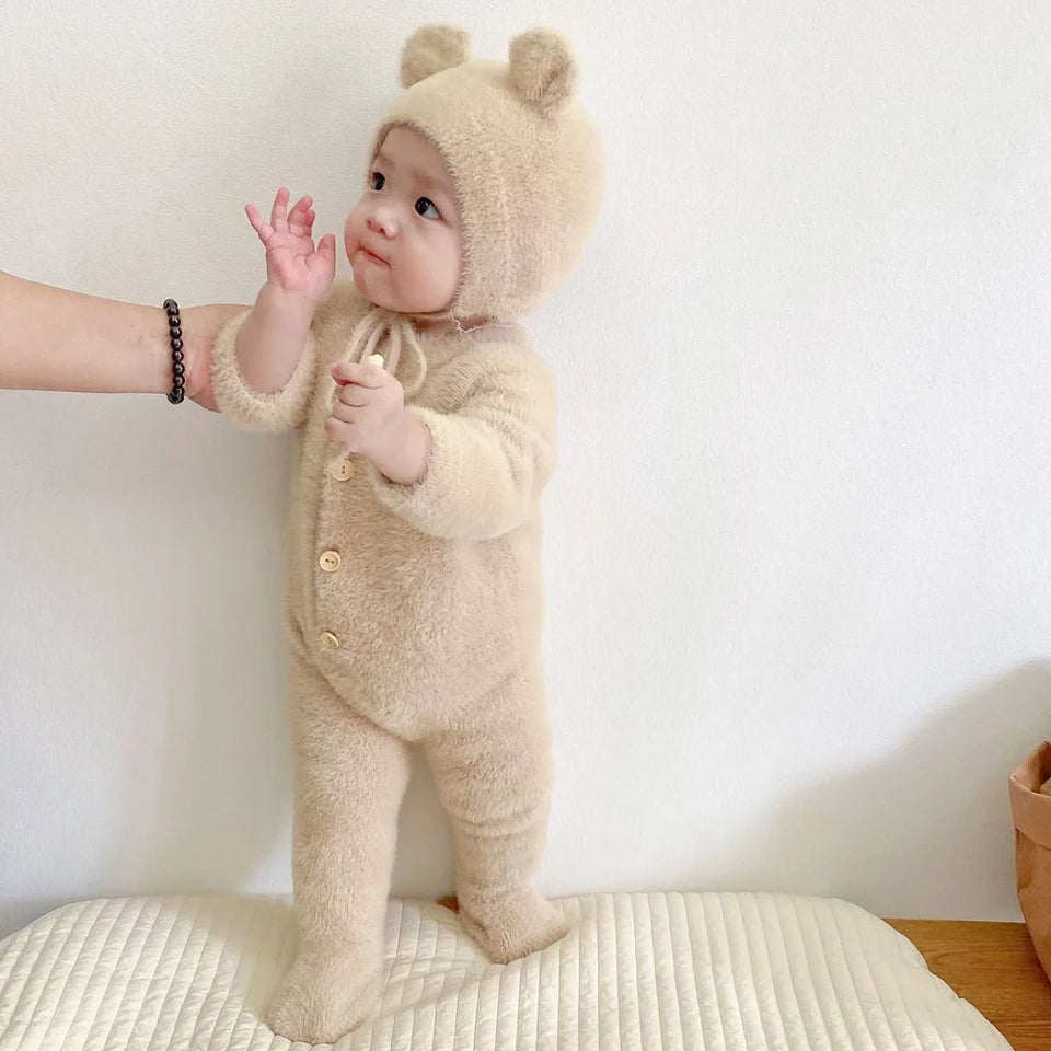 2Pcs Baby Winter Jumpsuits Hat Faux Fur Footed Newborn Romper for Girls Boys Clothes Soft Warm Toddler Outfit Set Kids Clothing