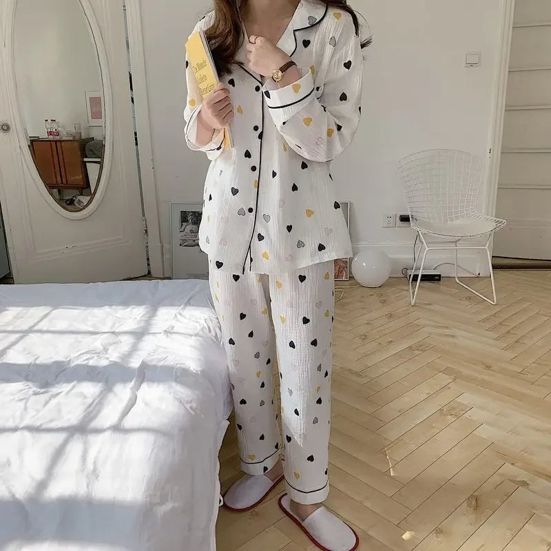 women's pajamas long sleeves pants Breathable soft Korean version sleepwear two piece-set