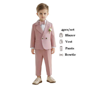 Boys Spring Autumn Formal Pink Suit Children Kids Blazer Pants Bowtie Outfit