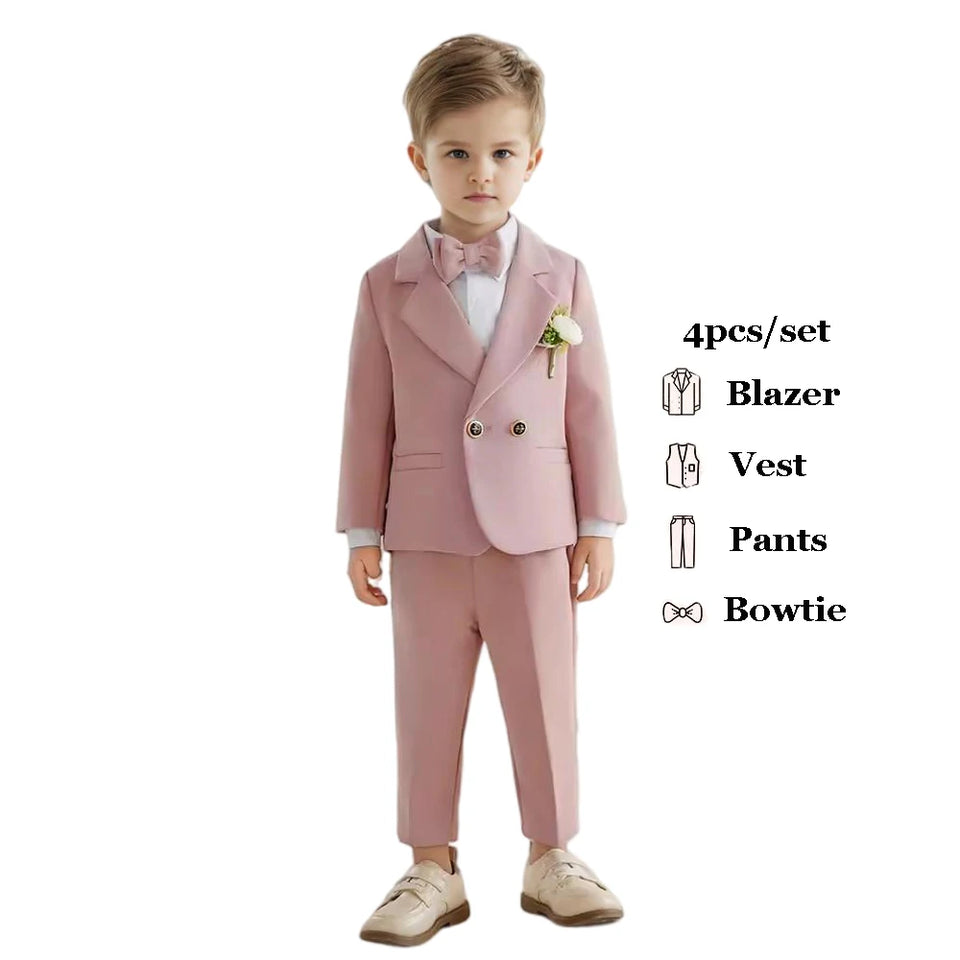 Boys Spring Autumn Formal Pink Suit Children Kids Blazer Pants Bowtie Outfit