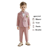 Boys Spring Autumn Formal Pink Suit Children Kids Blazer Pants Bowtie Outfit