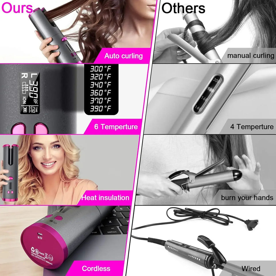 Automatic Wireless Hair Curler Cordless Rotating USB Rechargeable Curling Iron Display Temperature Adjustable Timing Hair Curler