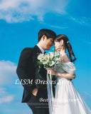 LISM 2025 Off Shoulder A Line Taffeta Wedding Dresses Korea Photo shoot Pleats Country Bridal Gowns Corset Back Customized