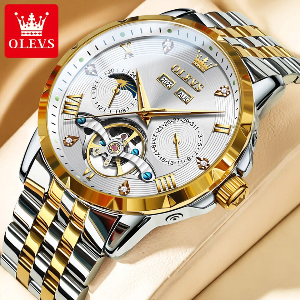 OLEVS Skeleton Multifunctional Men's Watch Automatic Mechanical Luxury Wrist Watch For Men Waterproof Stainless Steel Strap 6691