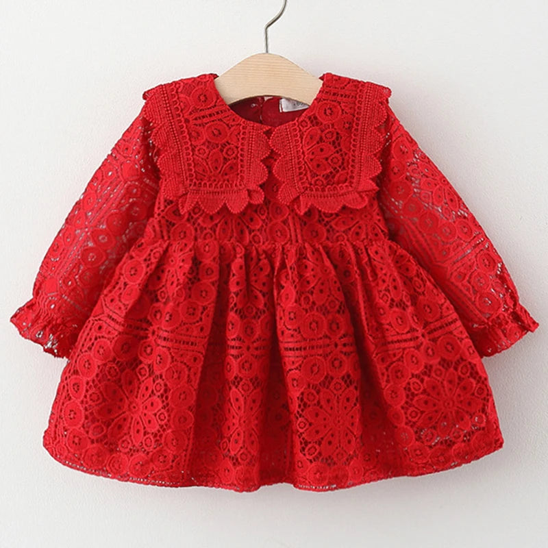 Girl Clothes Korean Fashion Doll Collar Long Sleeve Lace Baby 1st Birthday Dresses Princess
