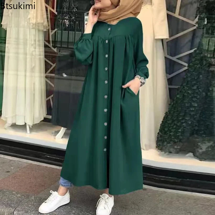 Women's Casual Muslim Dress Button Solid Long Sleeve Shirt Dress Pocket Robe Abayas for Women Open Abaya Dress