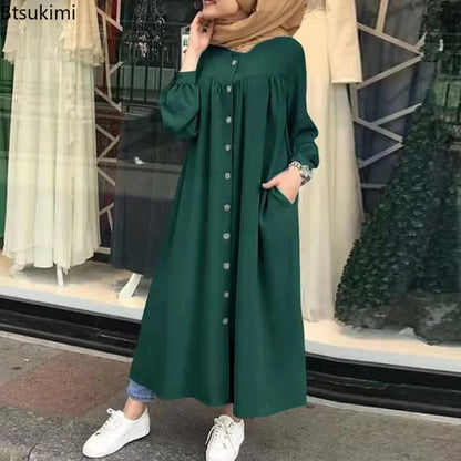 Women's Casual Muslim Dress Button Solid Long Sleeve Shirt Dress Pocket Robe Abayas for Women Open Abaya Dress