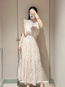 Kuzuwata Fresh Mid-length Print High Waist Robe New Gentle Literary Lace Up Pleated Slim Exquisite Mujer Japan New Elegant Dress