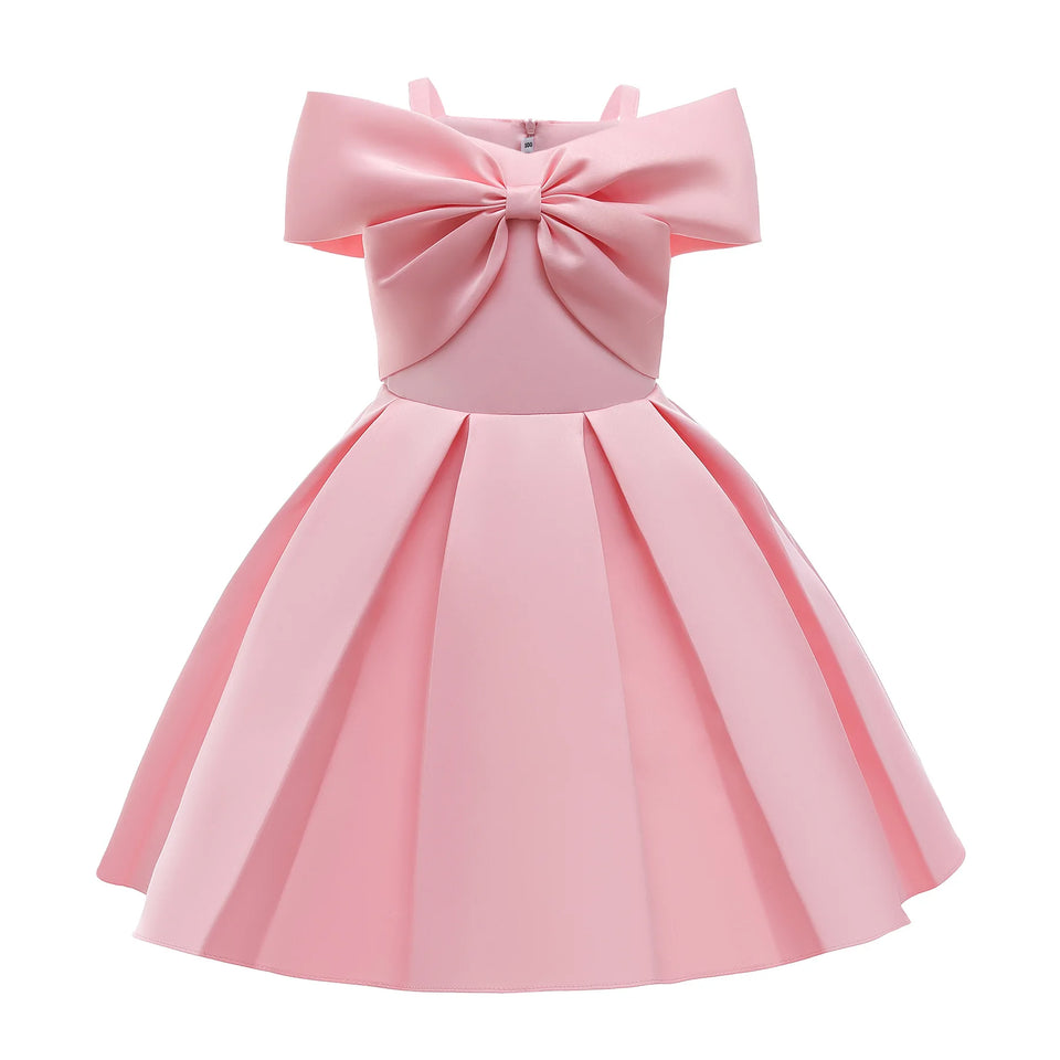 2024 New Girl Summer Solid Dress Bowknot Short Sleeve Shoulderless Children Skirts Breathable Quick Drying Casual Kids Dresses