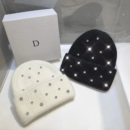 Luxury Rhinestone Winter Hats for Womem Elegant Fashion Designer Angola Warm Beanies Soft  Solid Adult Cover Head Cap