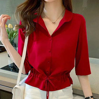 Summer Women All-match Solid Turn-down Collar Half Sleeve Chiffon Shirt