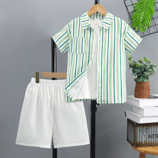 Kids Boys Clothes 2 Pce Set Shirt + Shorts Summer Green Strip Children Clothes Party Kids