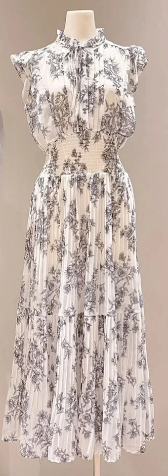 Kuzuwata Fresh Mid-length Print High Waist Robe New Gentle Literary Lace Up Pleated Slim Exquisite Mujer Japan New Elegant Dress