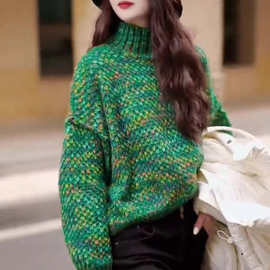Autumn Winter Women Vintage Streetwear Lazy Style High Collar Knitted Sweater