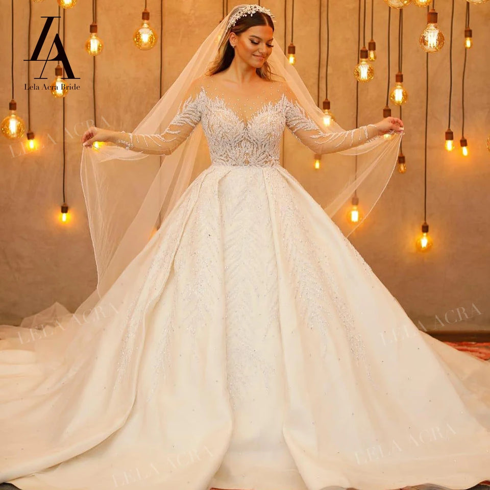 LelaAcra Long Sleeve Wedding Dress 2025 Sweetheart Beaded Backless A-Line Princess Bride Gown SM72 Plus Size Vestido de Noiva