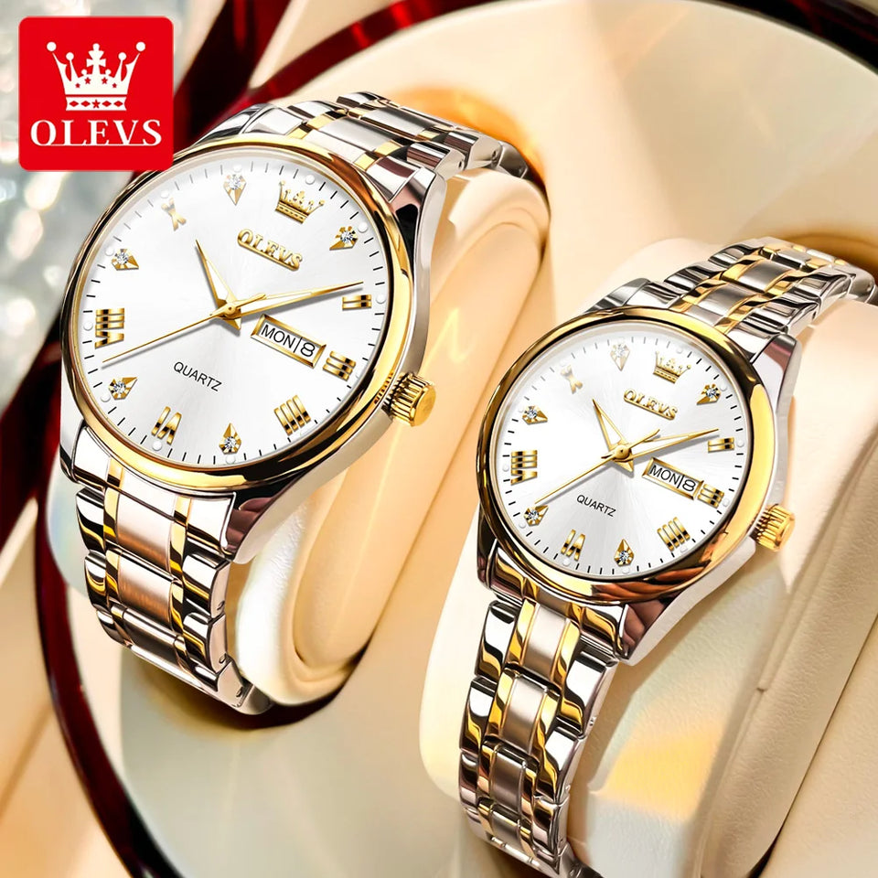 OLEVS High Quality Luxury Couple Watch For Men Women Stainless Steel Original Watches Top Brand Waterproof Couple Wrist Watches