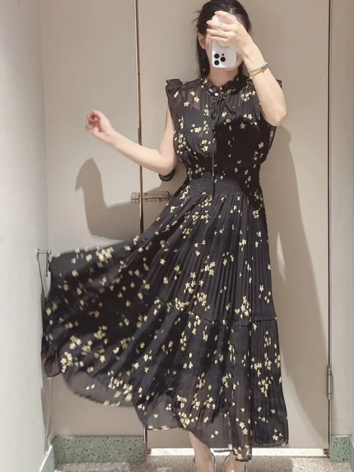 Kuzuwata Fresh Mid-length Print High Waist Robe New Gentle Literary Lace Up Pleated Slim Exquisite Mujer Japan New Elegant Dress