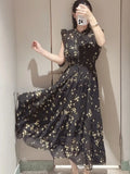 Kuzuwata Fresh Mid-length Print High Waist Robe New Gentle Literary Lace Up Pleated Slim Exquisite Mujer Japan New Elegant Dress
