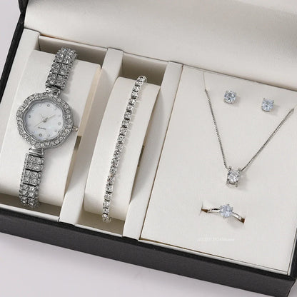 6pcs/set Jewelry Sets Women Quartz Watch Luxury with Stainless Steel Strap Clock Rhinestone Ring Necklace Earrings