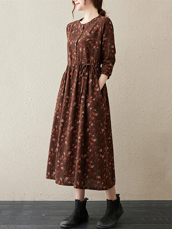 Long Sleeve Cotton Linen Vintage Floral Print Dresses For Women  Casual Dress Robe Femme Elegant Clothing