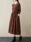 Long Sleeve Cotton Linen Vintage Floral Print Dresses For Women  Casual Dress Robe Femme Elegant Clothing