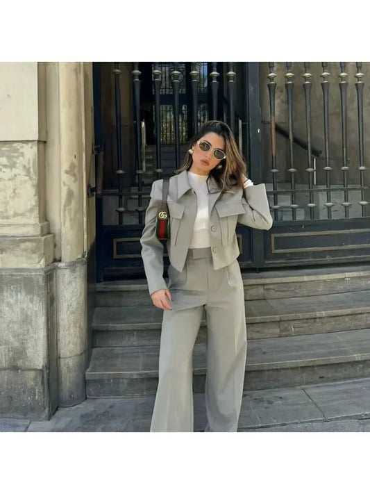 TRAF Casual Flip Collar Short Jacket Coat Wide Leg Long Pants Set  Summer Solid Suits Streetwear Jackets+Chic Wide Leg Pants