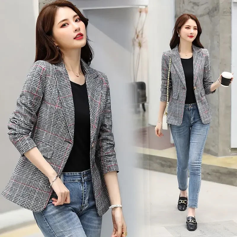 Ladies New Fashion Lattice Suit Blazer Women Clothing Woman Office Wear Casual Nice OL Jacket Female Girls Coats