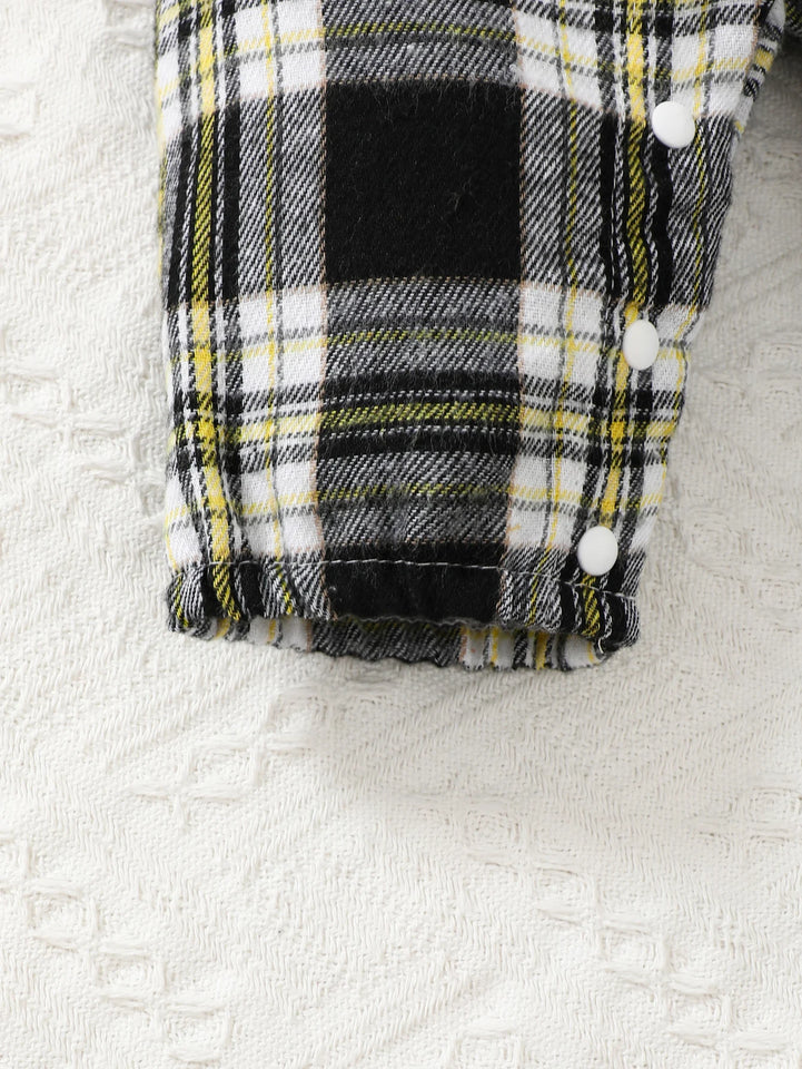 Newborn Literary Style Boy Baby Lapel False Strap Black Plaid Color