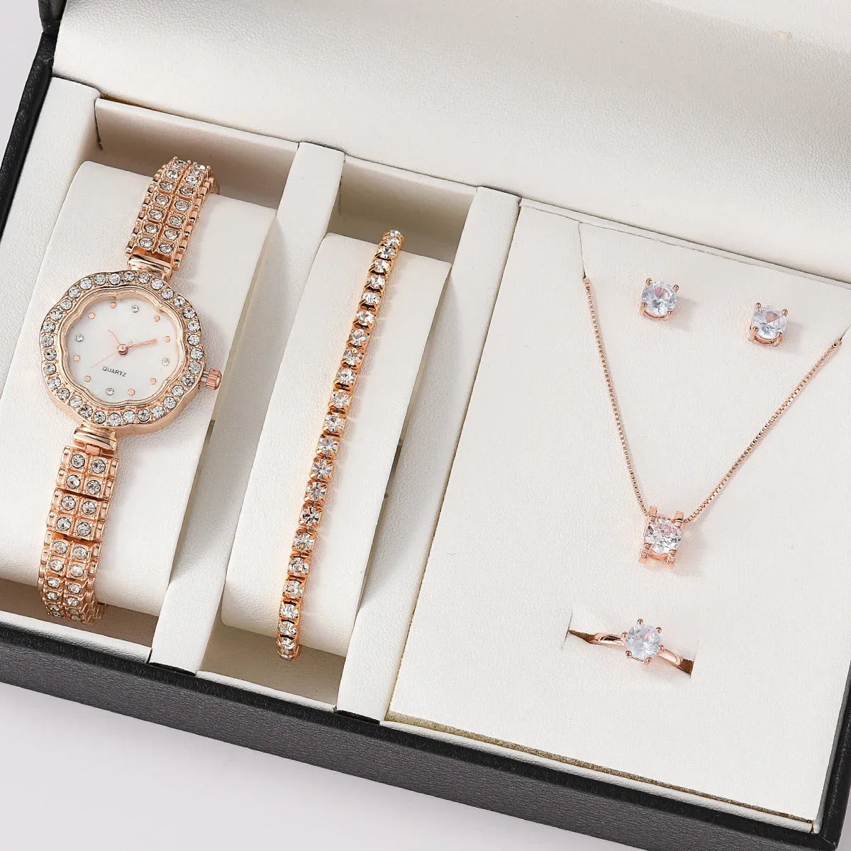 6pcs/set Jewelry Sets Women Quartz Watch Luxury with Stainless Steel Strap Clock Rhinestone Ring Necklace Earrings