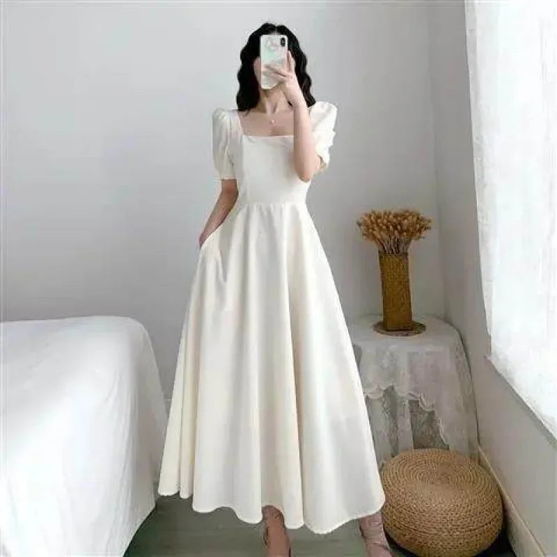 Long Dress Slimming Elegant Waist-fitted Square Collar Puff Sleeve Dress For Women Summer