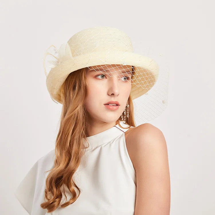 New hapeau femme luxe ceremonie mariage curling mesh top women hat