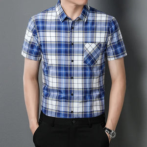 New Men's Casual Plaid Short Sleeved Lapel Shirt for Summer Fashion Comfort