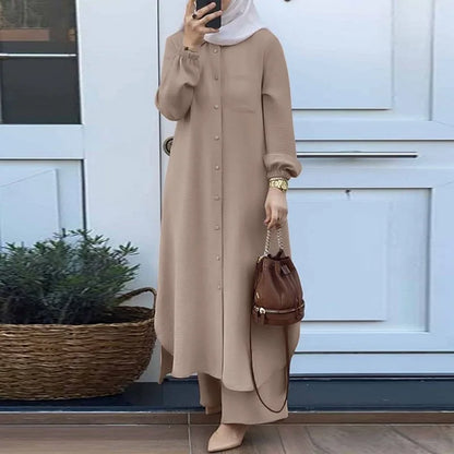 Vintage Muslim Suit Solid Color Lapel Neck Long Sleeve Blouse Pant Ramadan Islamic Clothing Fashion Casual Turkey Outifit